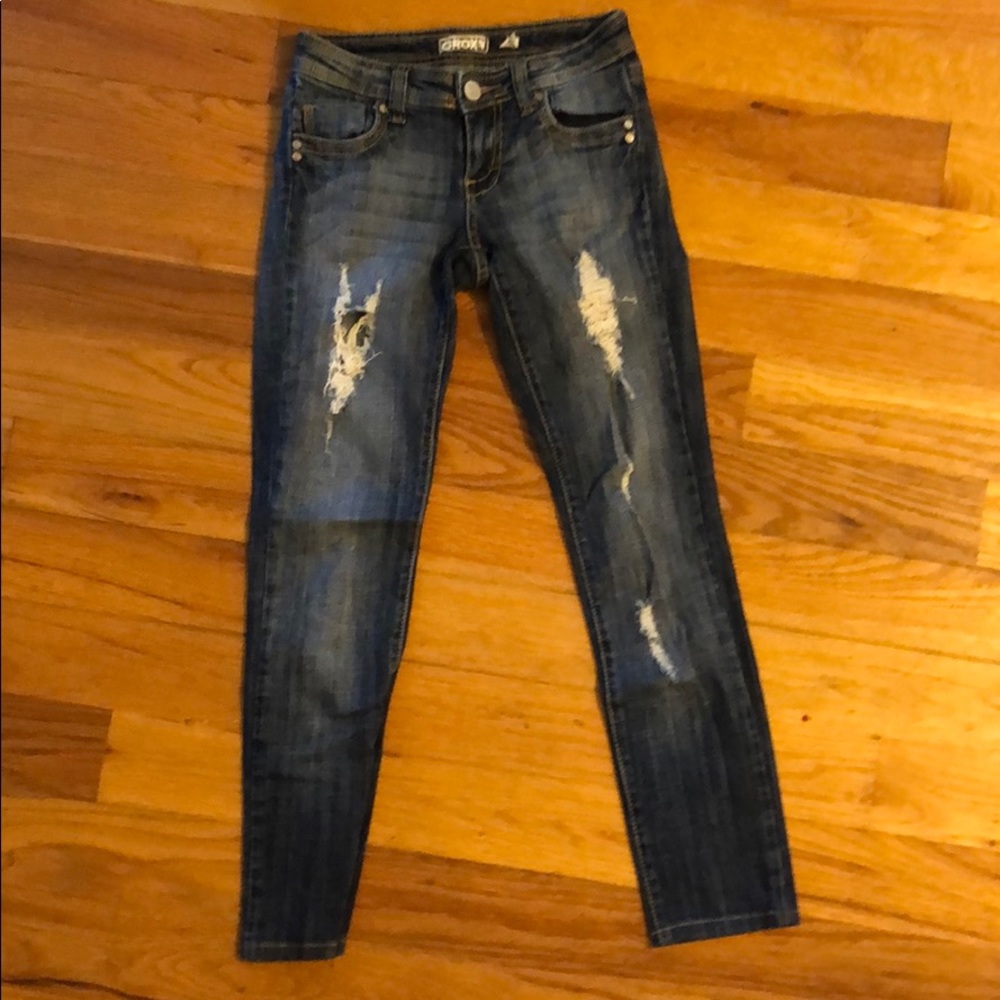 Roxy distressed denim jeans Junior size 1, 26 Length From Inseam